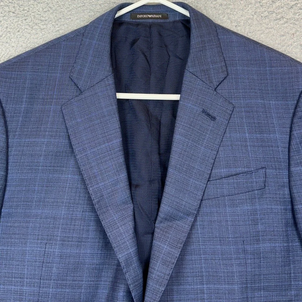 Emporio Armani G Line Virgin Wool Blazer Mens 42 Navy Blue Glen Plaid Sport Coat